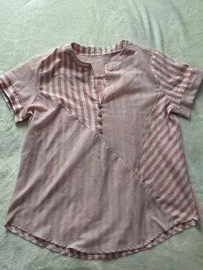 Women’s Pink Striped Short-Sleeve Button Henley Top